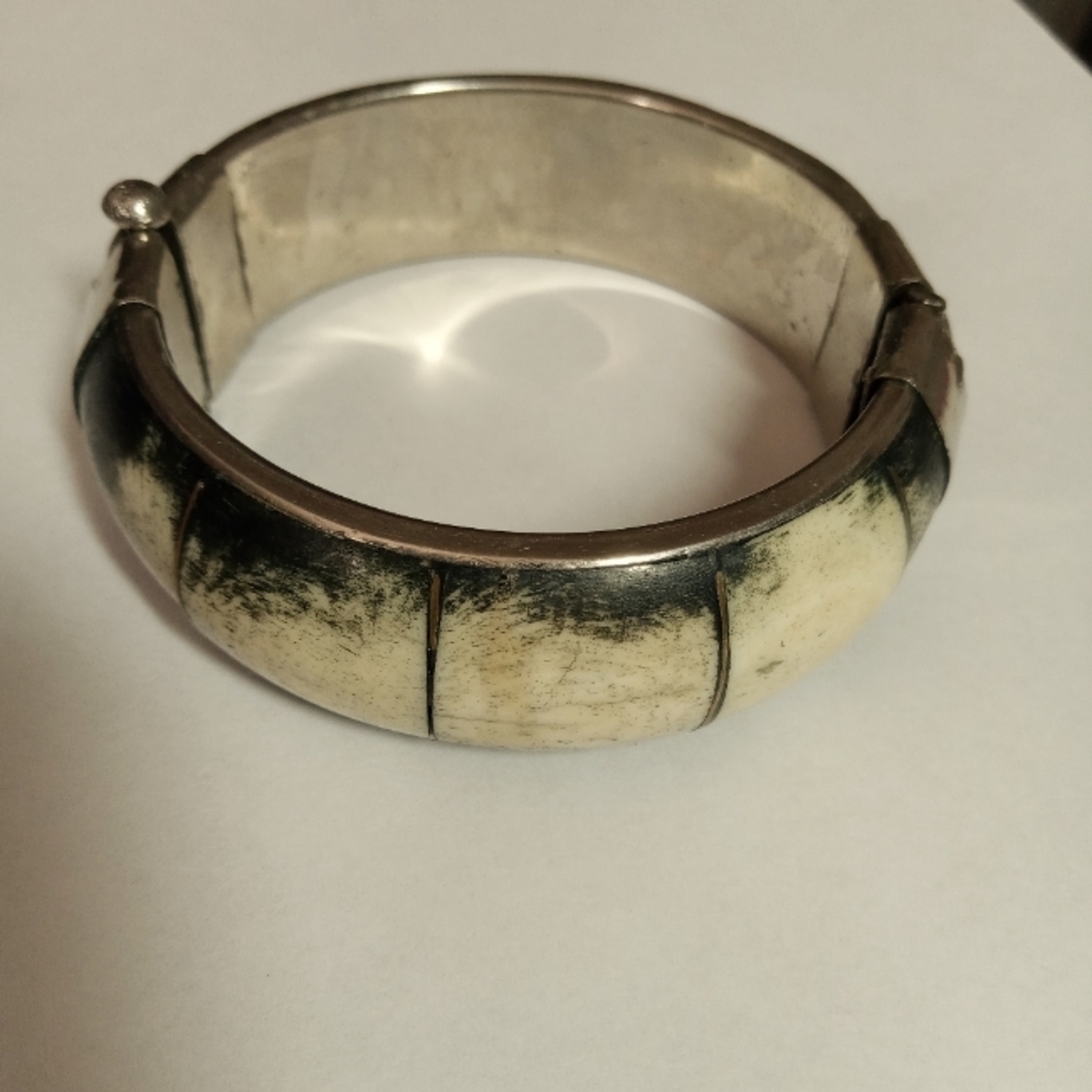 Rare Vintage Bone & Brass Hinged Bracelet Wide Band